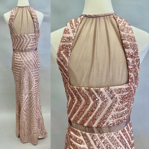 Vintage Cache Rose Gold Sequin Halter Gown Sz 6 Geometric Maxi Formal Dress Y2K - Picture 3 of 16